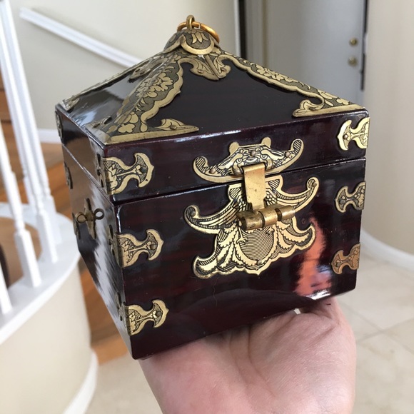 Vintage Asian dark mahogany brass jewelry box